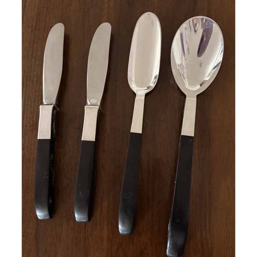 Vintage LUNT Contrast Sterling Silver.Ebony Serving Spoon,Seafood Spoon & Knives